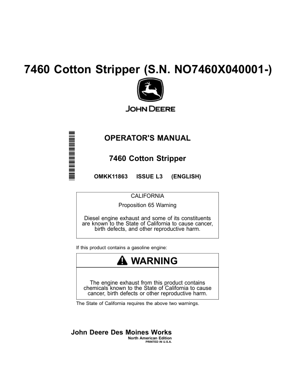 John Deere 7460 Cotton Strippers North America (040001-042000) Operator's Manual (OMKK11863)