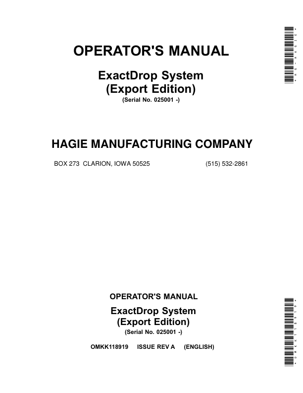 John Deere ExactDrop System (025001-) (Export) Operator's Manual (OMKK118919)