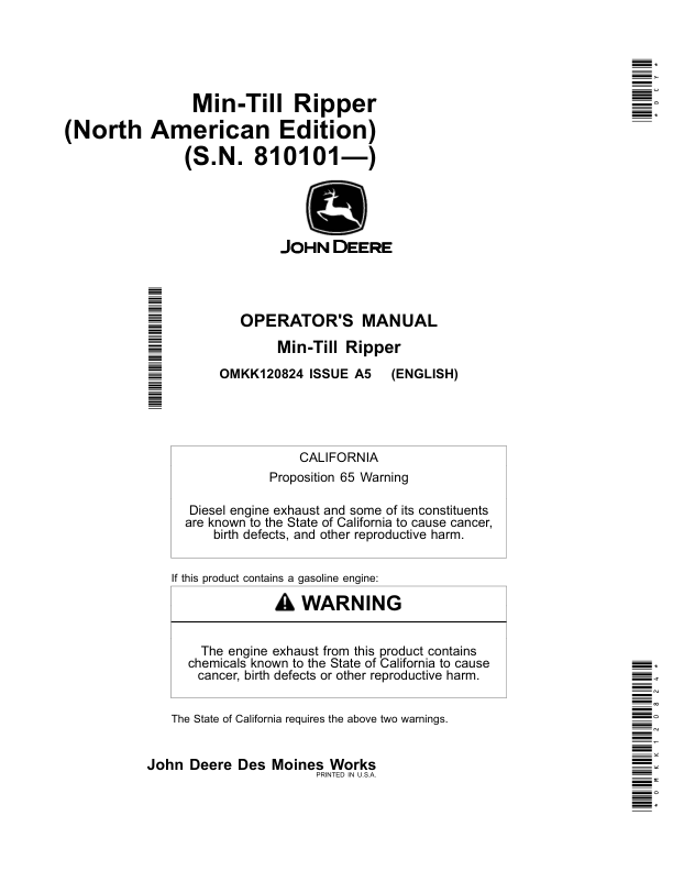 John Deere Min-Till Ripper (North American) (S.N. 810101—) Operator's Manual (OMKK120824)