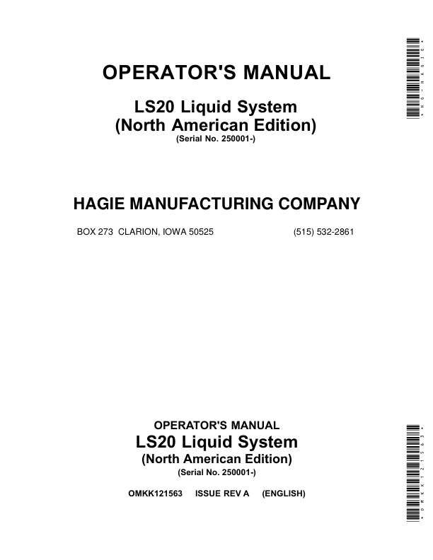 John Deere Operators Manual - LS20 Liquid System (North American) (250001-)(English) Operator's Manual (OMKK121563)