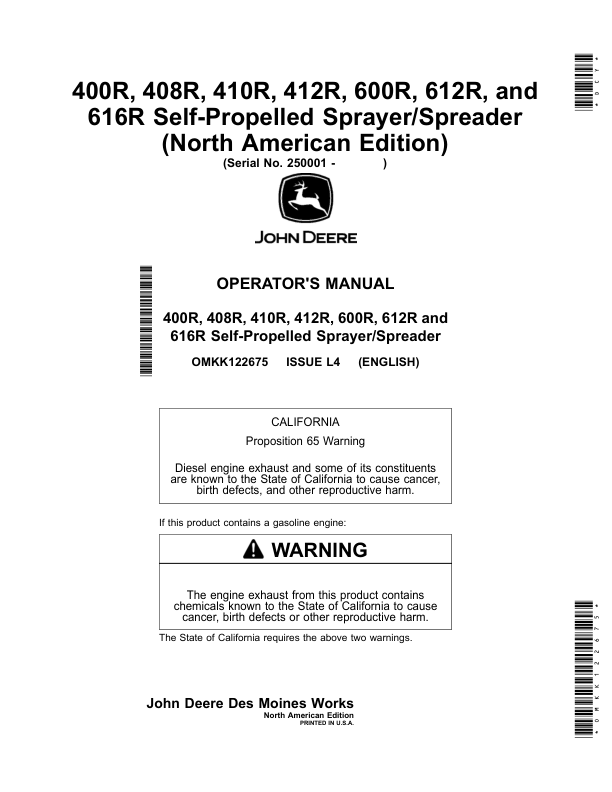 John Deere 400R, 408R, 410R, 412R, 600R, 612R, 616R Self-Propelled Sprayer/Spreader Operator's Manual (OMKK122675)