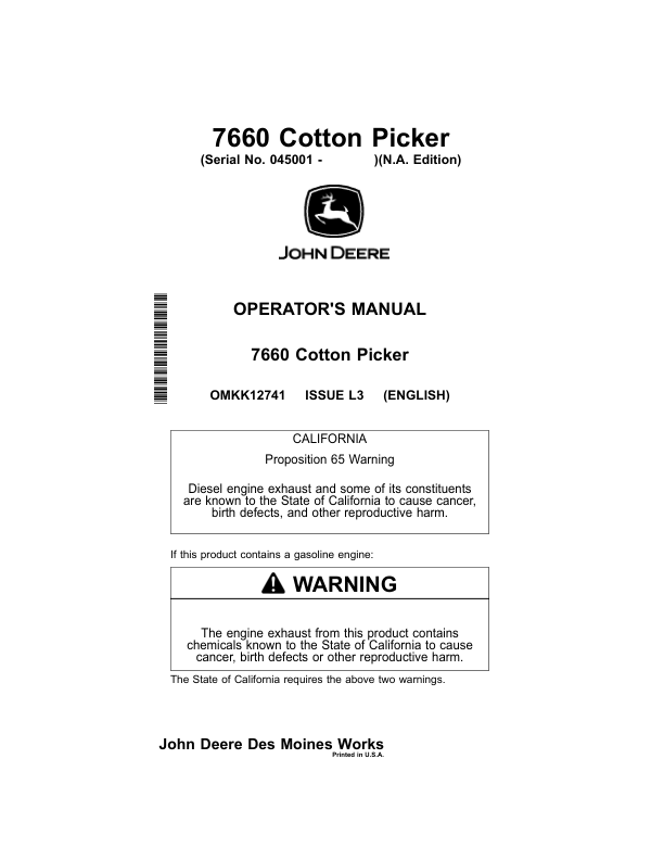John Deere 7660 Cotton Pickers Operator's Manual (OMKK12741)