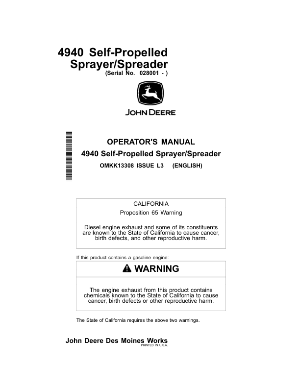 John Deere 4940 Self-Propelled Sprayer/Spreader Operator's Manual (OMKK13308)