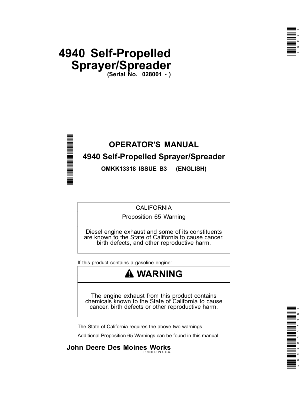 John Deere 4940 Self-Propelled Sprayer/Spreader Operator's Manual (OMKK13318)