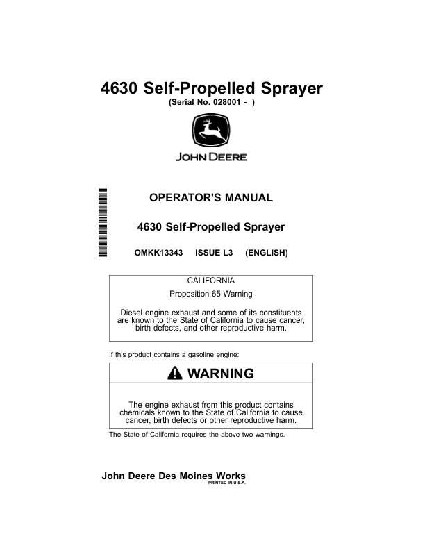 John Deere 4630 Self-Propelled Sprayers North America (028001-033000) Operator's Manual (OMKK13343)