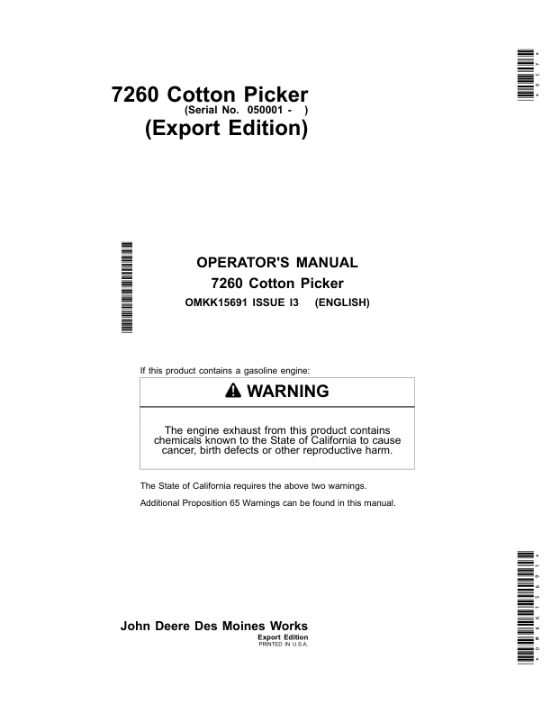 John Deere 7260 Cotton Picker (050001-) Operator's Manual (OMKK15691)