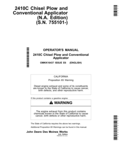 John Deere 2410C Chisel Plow & Conventional Applicator (North American) Operator's Manual (OMKK16437)