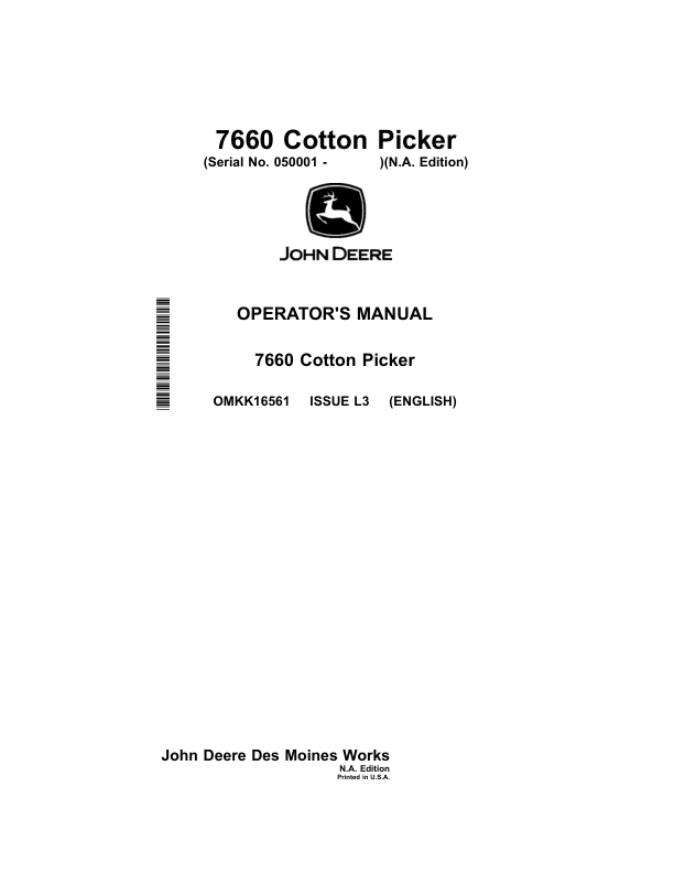 John Deere 7660 Cotton Pickers Operator's Manual (OMKK16561)