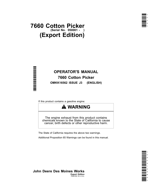 John Deere 7660 Cotton Pickers Operator's Manual (OMKK16562)