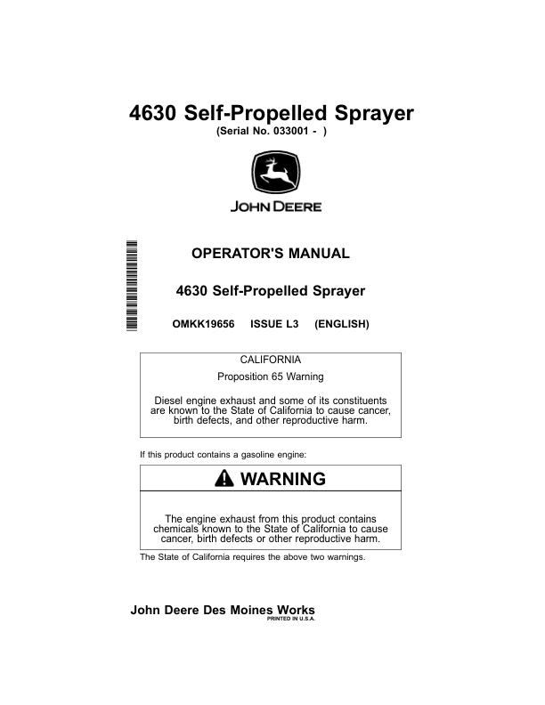 John Deere 4630 Self-Propelled Sprayers North America (033001- ) Operator's Manual (OMKK19656)