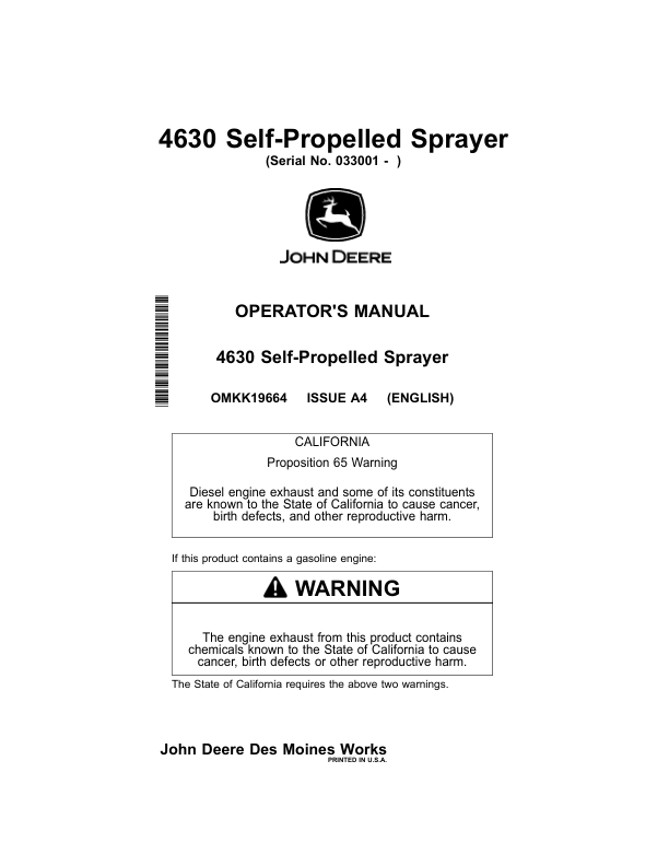 John Deere 4630 Self-Propelled Sprayers Export Edition (033001- ) Operator's Manual (OMKK19664)