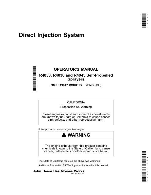 John Deere Direct injection System for R4030, R4038 & R4045 Self-Propelled Sprayers Operator's Manual (OMKK19847)