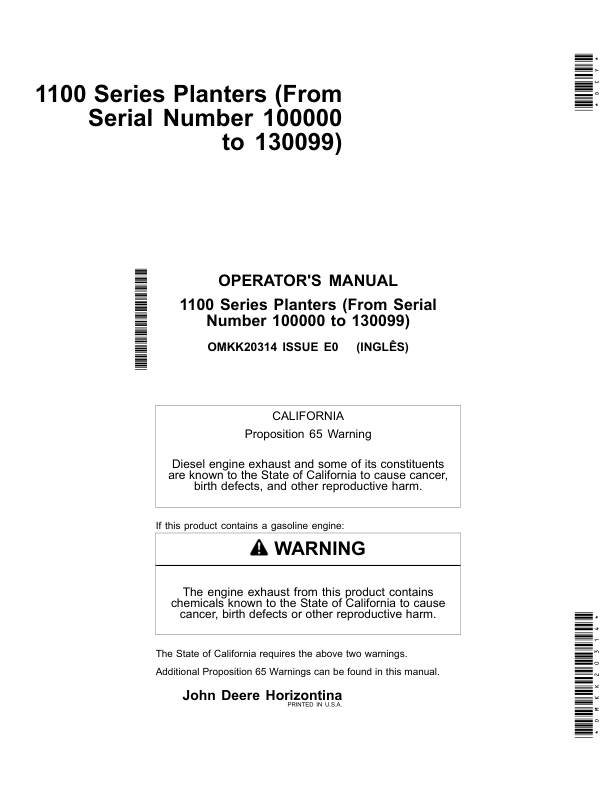 John Deere 1107,1109,1111 & 1113 Planters (100000-130099) Operator's Manual (OMKK20314)