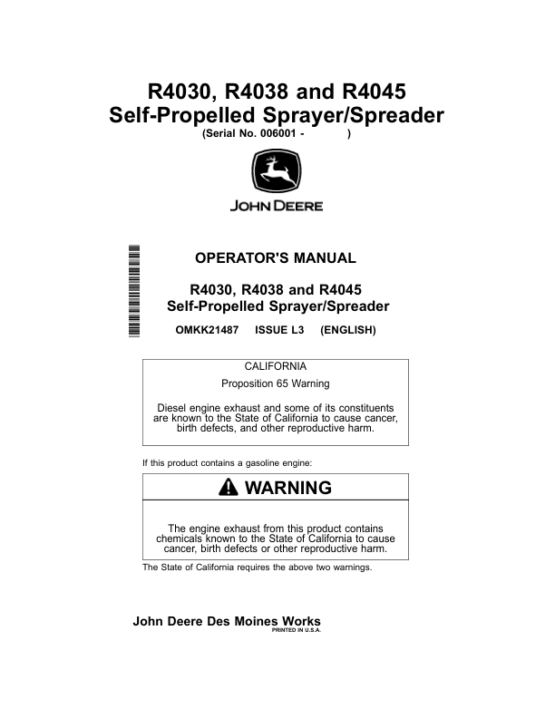 John Deere R4030 & R4038 Self-Propelled Sprayer/Spreader Export Edition (006001-011100) Operator's Manual (OMKK21487)