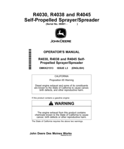 John Deere R4030 & R4038 Self-Propelled Sprayer/Spreader North America (006001- ) Operator's Manual (OMKK21513)