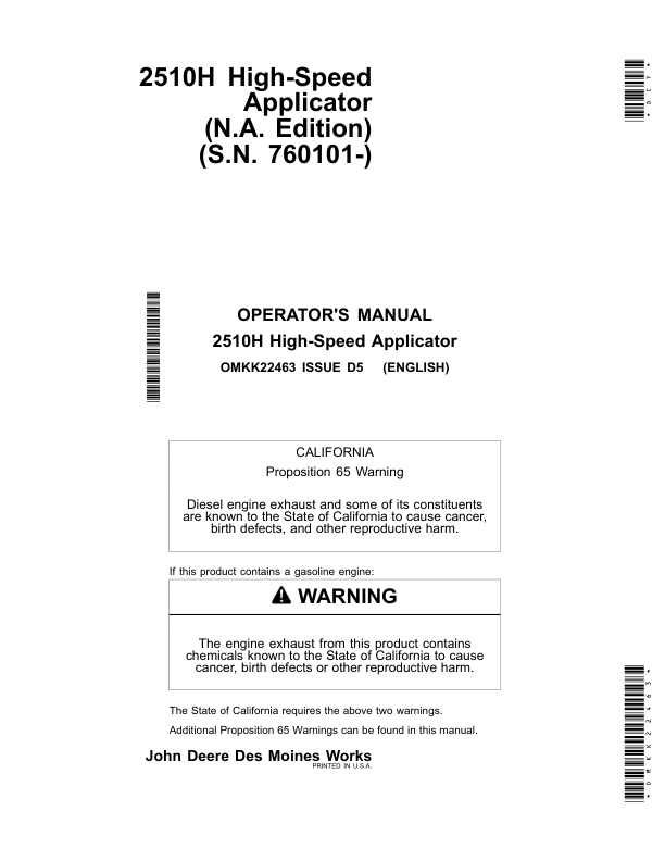 John Deere 2510H High-Speed Applicators (Low-Disturbance) North America (760101- ) Operator's Manual (OMKK22463)