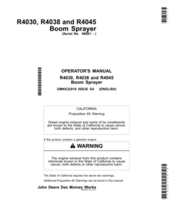 John Deere R4030, R4038 & R4045 Boom Sprayer Export Edition (006001-011100) Operator's Manual (OMKK22918)