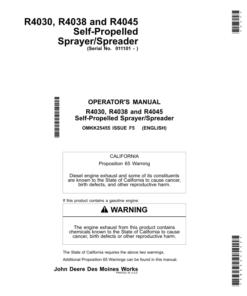 John Deere R4030, R4038 & R4045 Self-Propelled Sprayer/Spreader (Export Edition) Operator's Manual (OMKK25455)