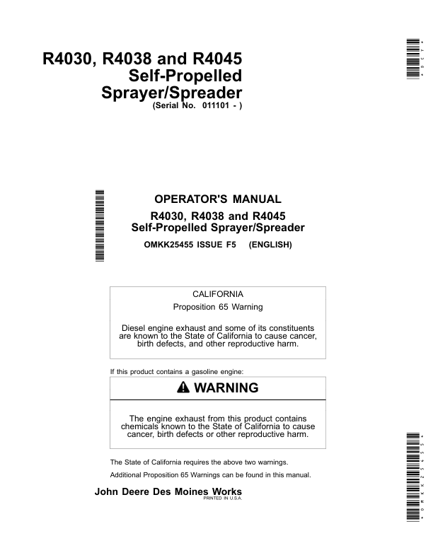 John Deere R4030, R4038 & R4045 Self-Propelled Sprayer/Spreader (Export Edition) Operator's Manual (OMKK25455)