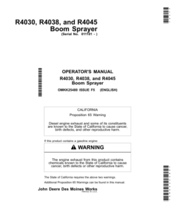 John Deere R4030, R4038 & R4045 Boom SprayerExport Edition (011001- ) Operator's Manual (OMKK25480)