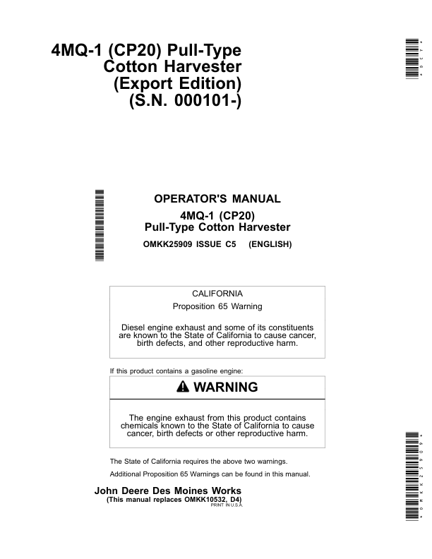 John Deere (CP20) Pull-Type Cotton Harvester 4MQ-1 (000101-) Operator's Manual (OMKK25909)