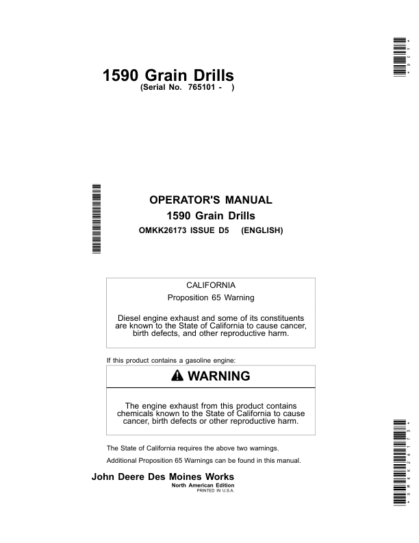 John Deere 1590 Grain Drills Operator's Manual (OMKK26173)