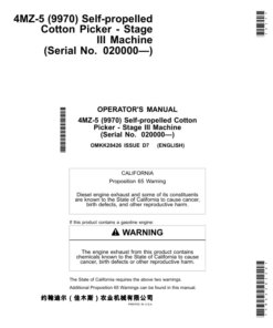John Deere 4MZ-5 (9970) Self-propelled Cotton Picker Stage III Machine Operator's Manual (OMKK28426)