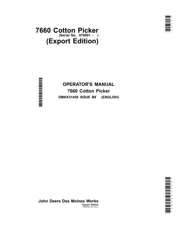 John Deere 7660 Cotton Picker Operator's Manual (OMKK31458)