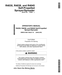 John Deere R4030, R4038 & R4045 Self-Propelled Sprayer/Spreaders (North American) Operator's Manual (OMKK31868)