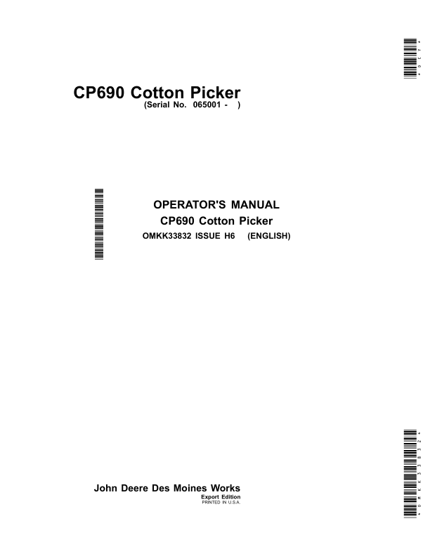 John Deere CP690 Cotton Picker (Export Edition) Operator's Manual (OMKK33832)