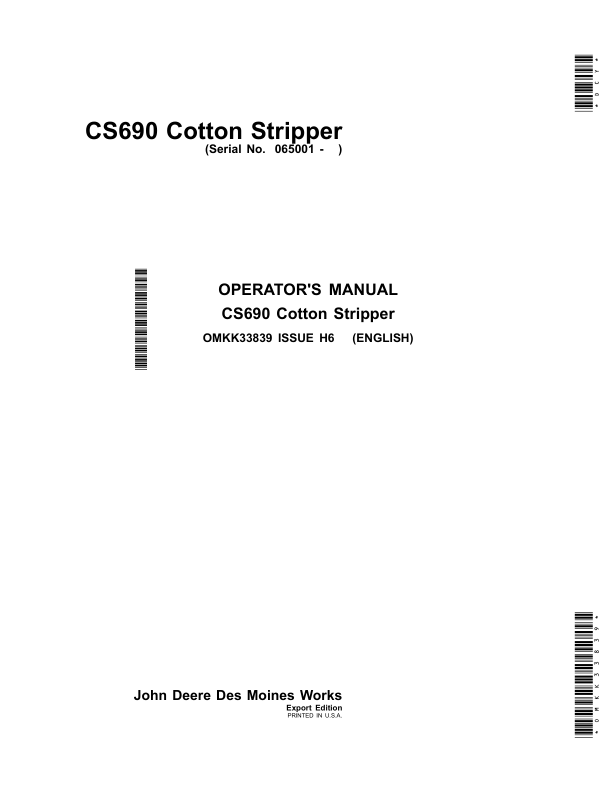 John Deere CS690 Cotton Stripper (Export Edition) Operator's Manual (OMKK33839)