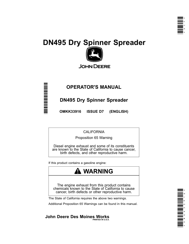 John Deere DN495 Dry Spinner Spreader Operator's Manual (OMKK33916)