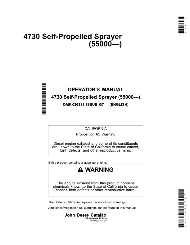 John Deere 4730 Self-Propelled Sprayers Operator's Manual (OMKK36388)