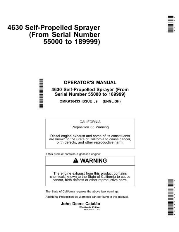John Deere 4630 Self-Propelled Sprayer (Manufactured by Catalão) Operator's Manual (OMKK36433)
