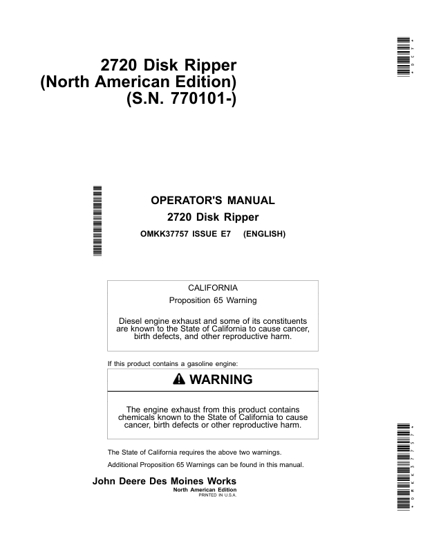 John Deere 2720 Disk Ripper Operator's Manual (OMKK37757)