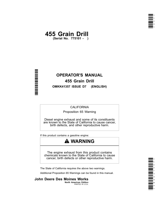 John Deere 455 Two & Three Unit Folding Grain Drill Operator's Manual (OMKK41357)
