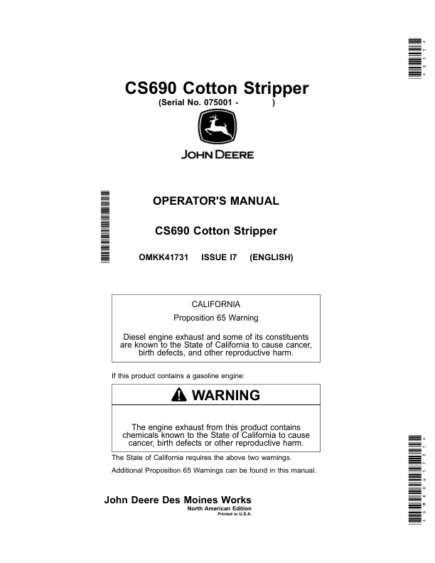 John Deere CS690 Cotton Stripper Operator's Manual (OMKK41731)