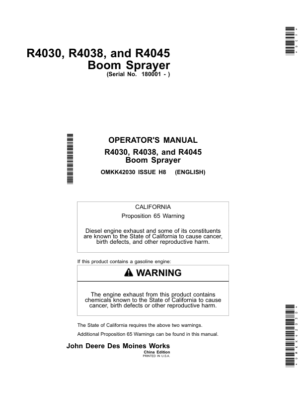 John Deere R4030, R4038 & R4045 Boom Sprayers (China Edition) Operator's Manual (OMKK42030)