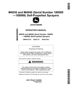 John Deere M4030, M4040 Self Propelled Sprayers (180000-189999) (Worldwide Edition) Operator's Manual (OMKK47278)