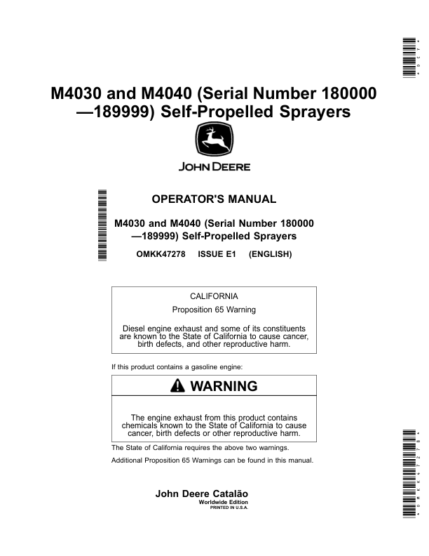 John Deere M4030, M4040 Self Propelled Sprayers (180000-189999) (Worldwide Edition) Operator's Manual (OMKK47278)