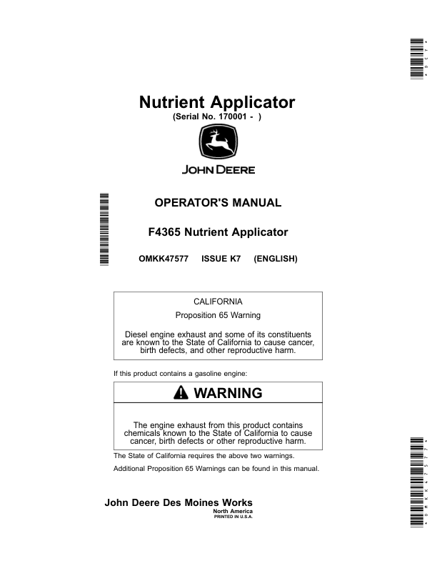 John Deere F4365 Nutrient Applicator Operator's Manual (OMKK47577)