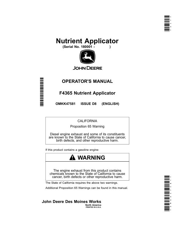 John Deere F4365 Nutrient Applicators Operator's Manual (OMKK47581)
