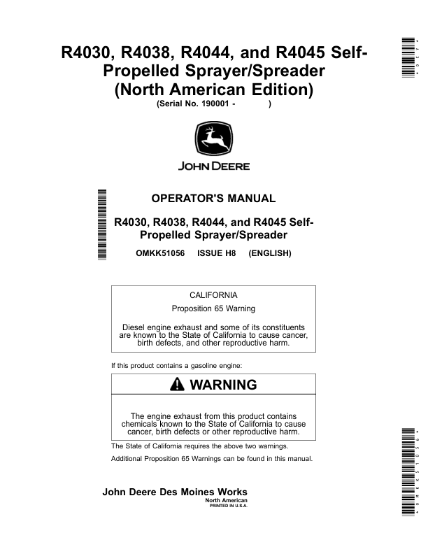 John Deere R4030, R4038, R4044, R4045 Self-Propelled Sprayer/Spreader Operator's Manual (OMKK51056)