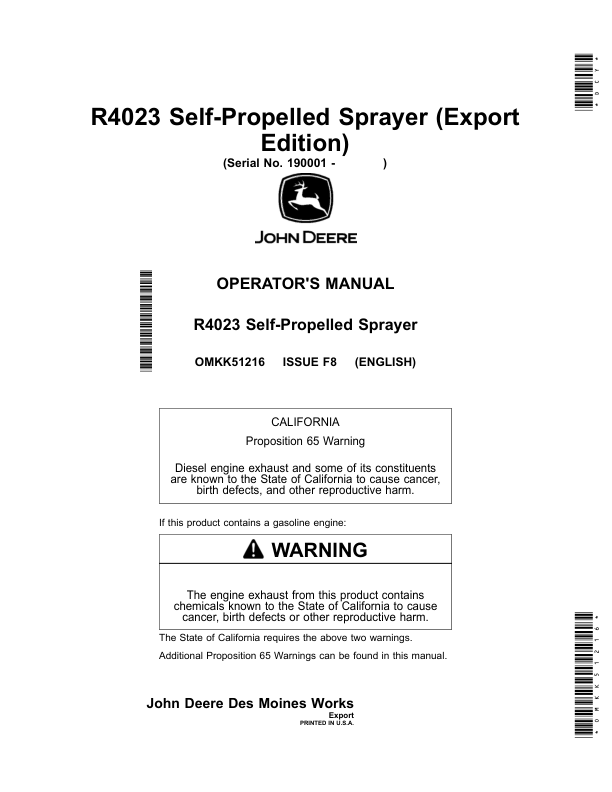 John Deere R4023 Self-Propelled Sprayer Operator's Manual (OMKK51216)