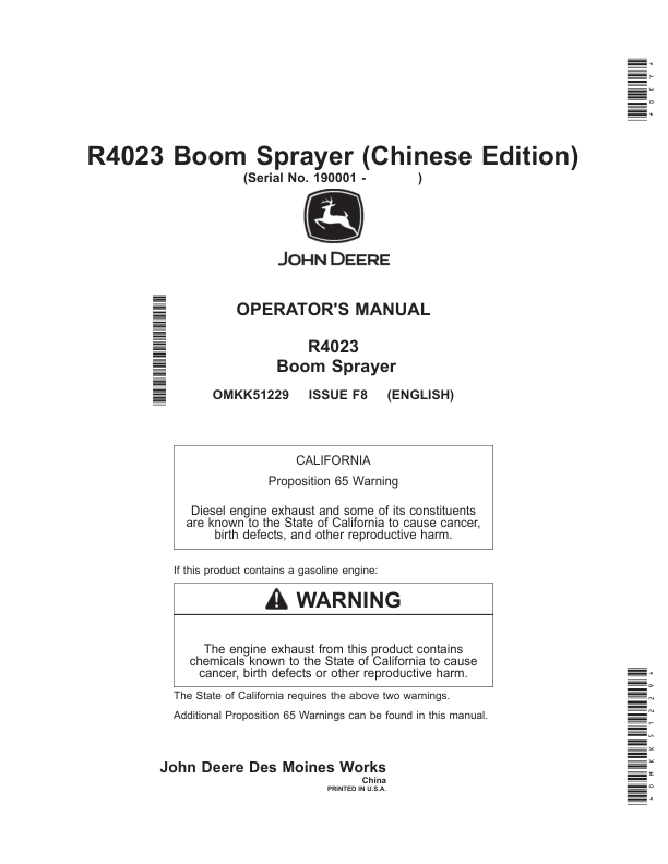 John Deere R4023 Boom Sprayers Operator's Manual (OMKK51229)