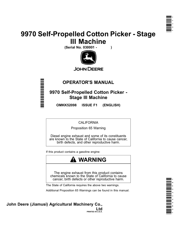John Deere 9970 Self-Propelled Cotton Picker - Stage III Machine (030001-) (Worldwide Edition) Operator's Manual (OMKK52098)