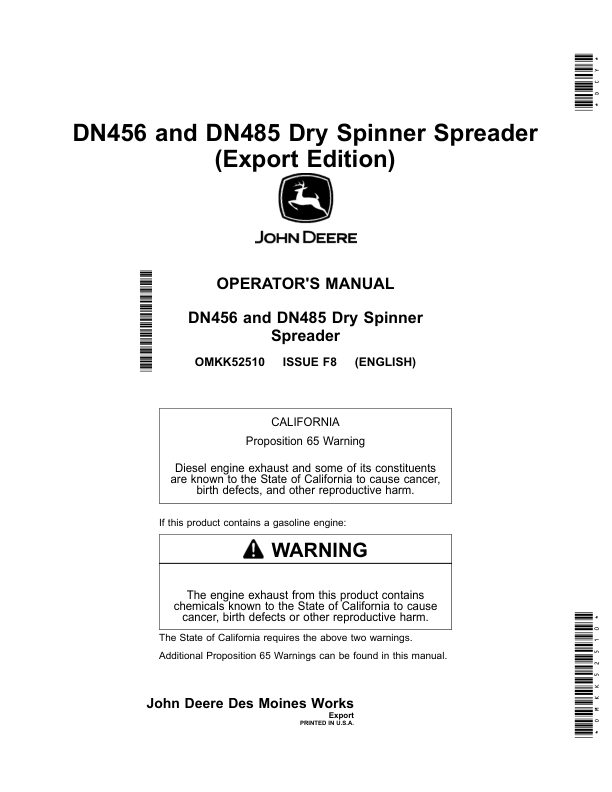 John Deere DN456, DN485 Dry Spinner Spreader Operator's Manual (OMKK52510)