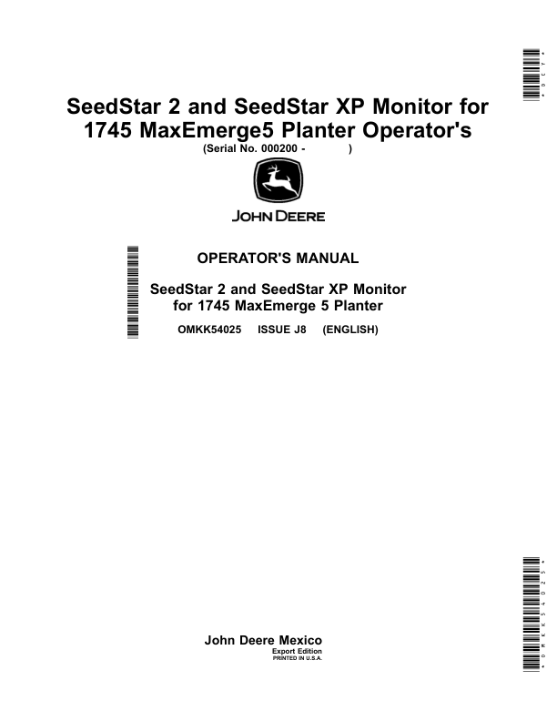 John Deere SeedStar 2 & SeedStar XP Monitor for 1745 MaxEmerge5 Planters Operator's Manual (OMKK54025)