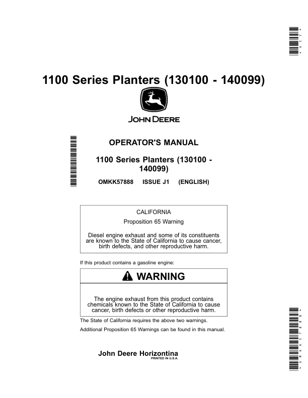 John Deere 1100 Series Planters (130100-140099) (Worldwide Edition) Operator's Manual (OMKK57888)