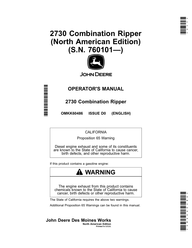John Deere 2730 Combination Ripper (760101-) Operator's Manual (OMKK60486)